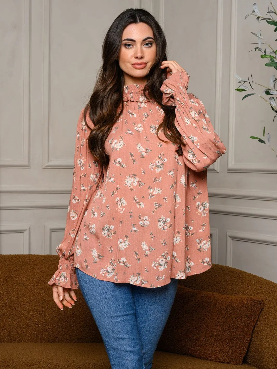 WOMEN'S LONG SLEEVE MOCK NECK FLORAL TUNIC BLOUSE TOP