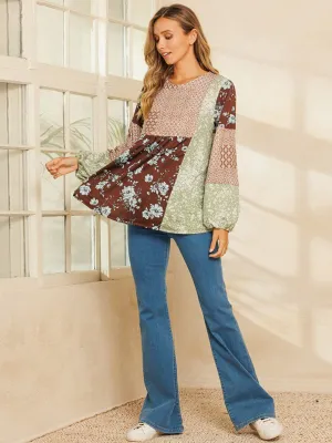 WOMEN'S LONG SLEEVE MULTI PRINT COLORBLOCK TUNIC TOP