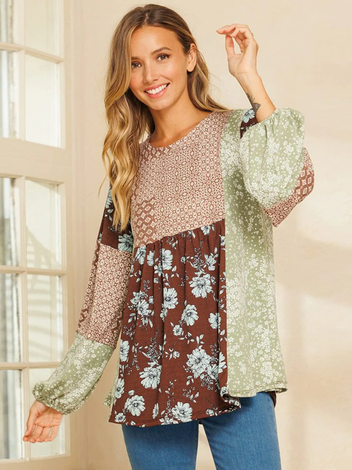 WOMEN'S LONG SLEEVE MULTI PRINT COLORBLOCK TUNIC TOP