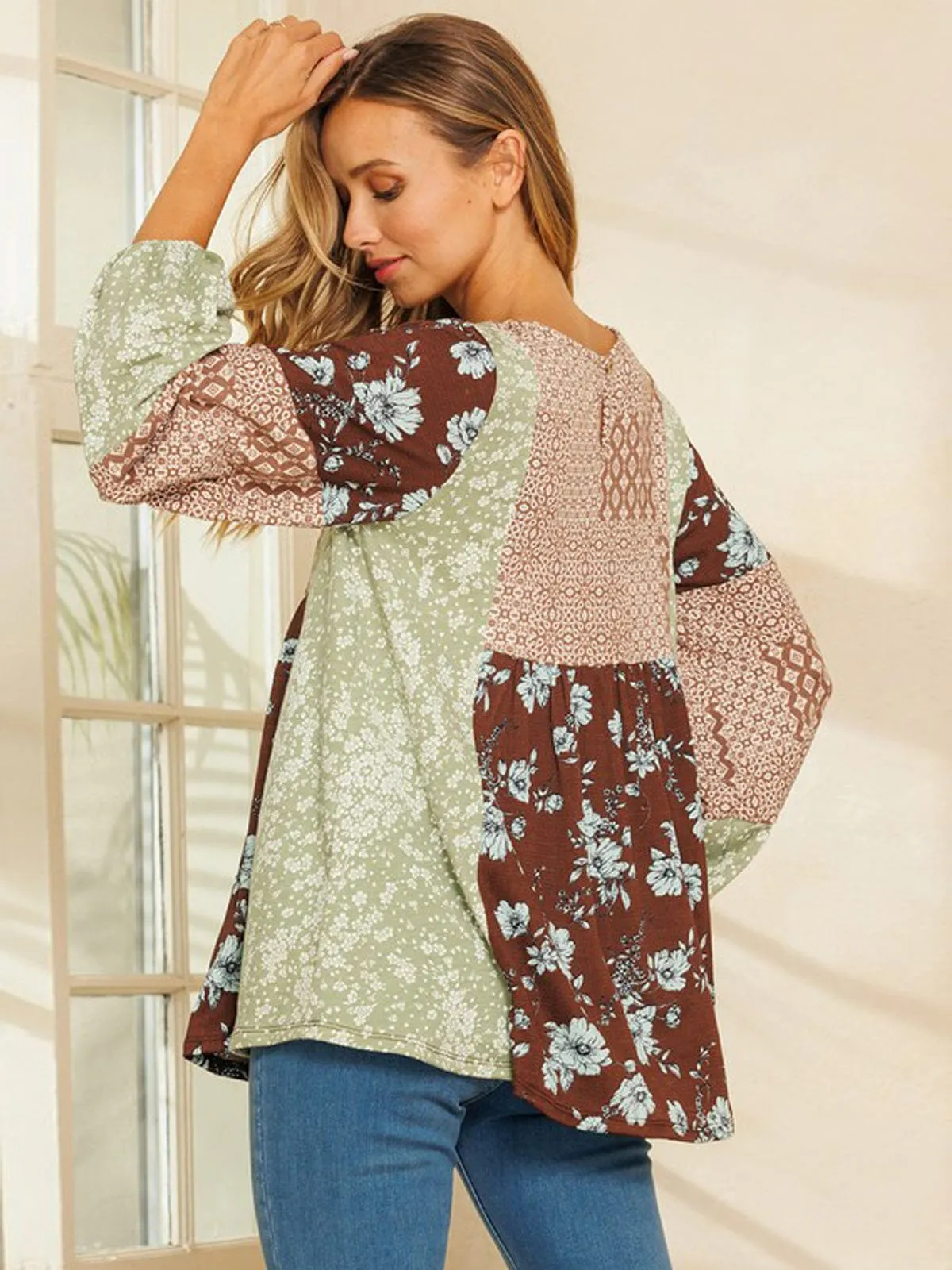 WOMEN'S LONG SLEEVE MULTI PRINT COLORBLOCK TUNIC TOP