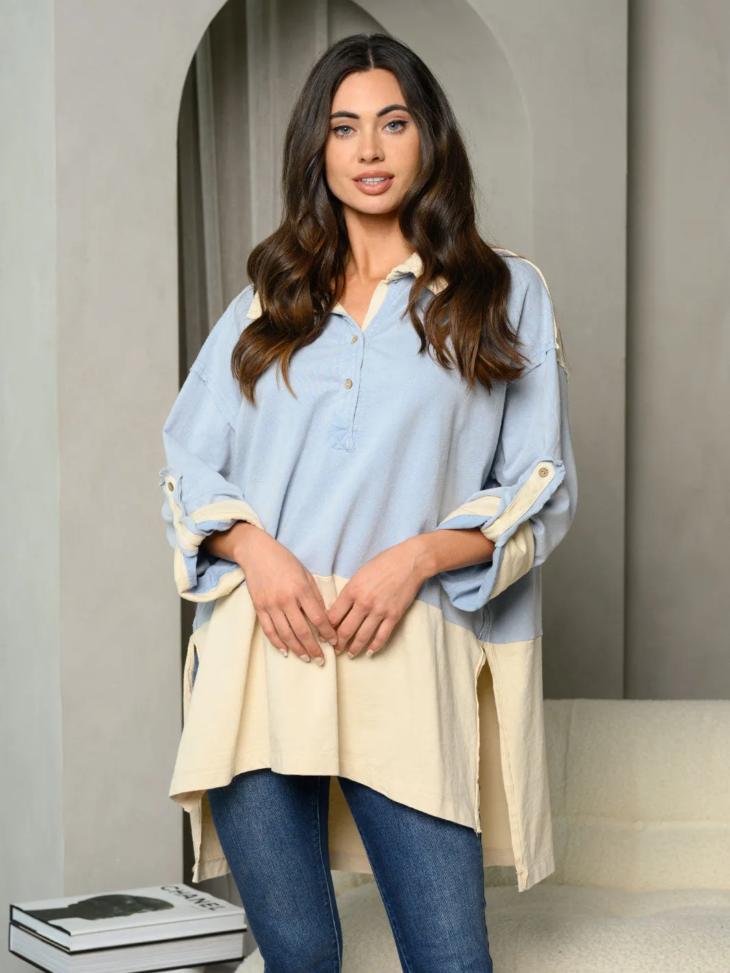 WOMEN'S LONG SLEEVE OVERSIZED COLORBLOCK COLLAR TOP