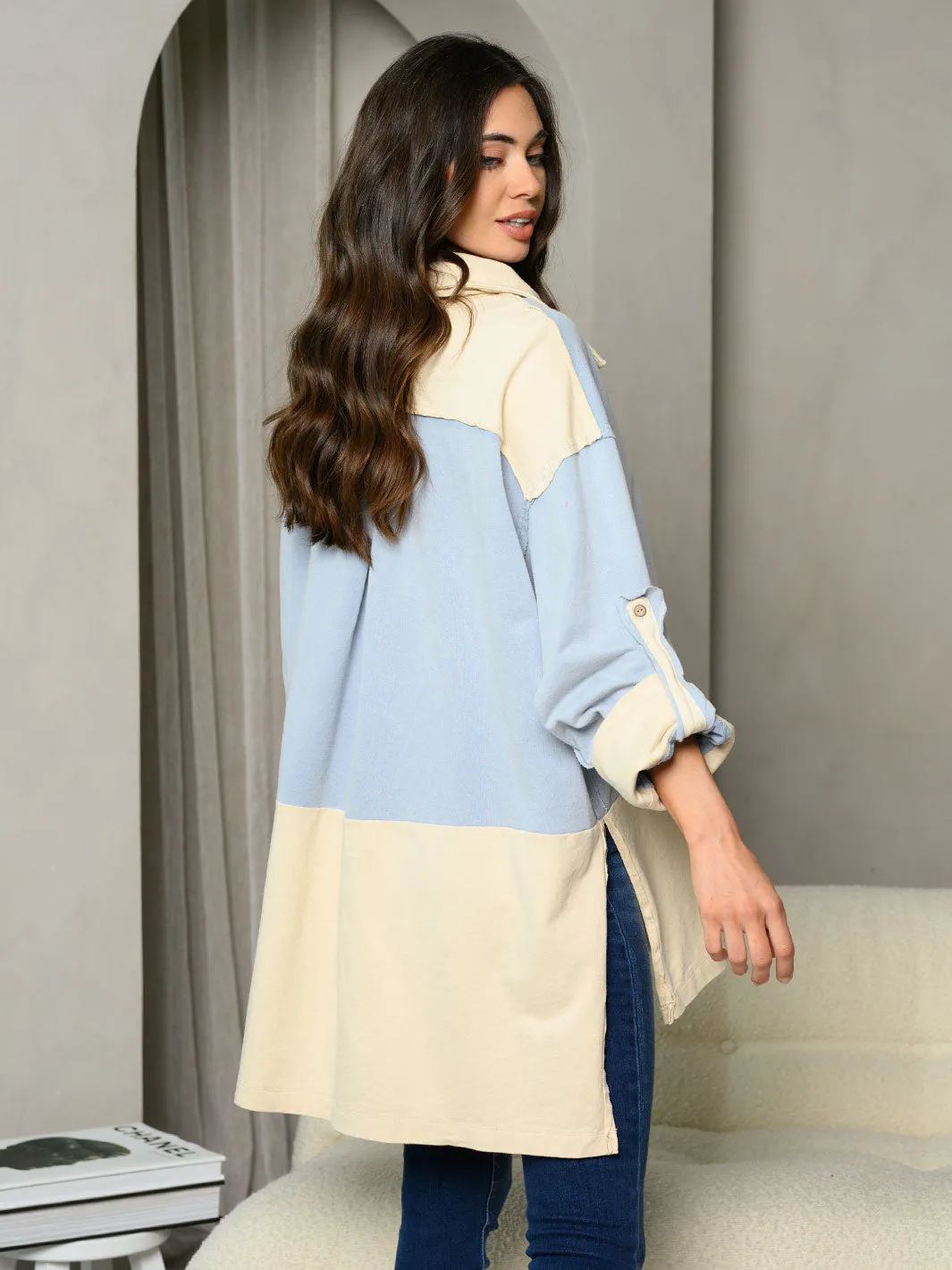WOMEN'S LONG SLEEVE OVERSIZED COLORBLOCK COLLAR TOP