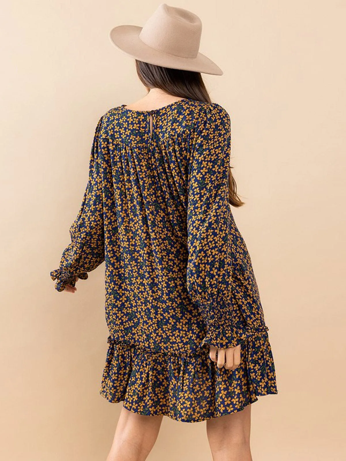 WOMEN'S LONG SLEEVE POCKETS SMOCK FLORAL MINI DRESS