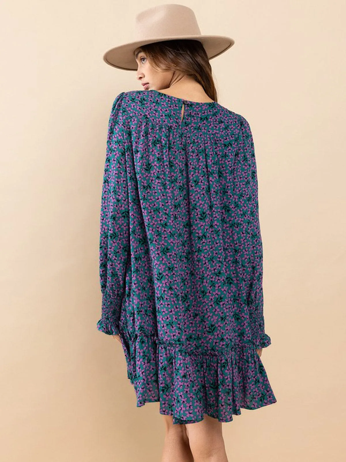 WOMEN'S LONG SLEEVE POCKETS SMOCK FLORAL MINI DRESS