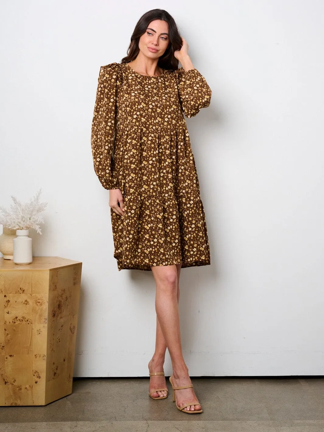 WOMEN'S LONG SLEEVE RUFFLE FLORAL MINI DRESS