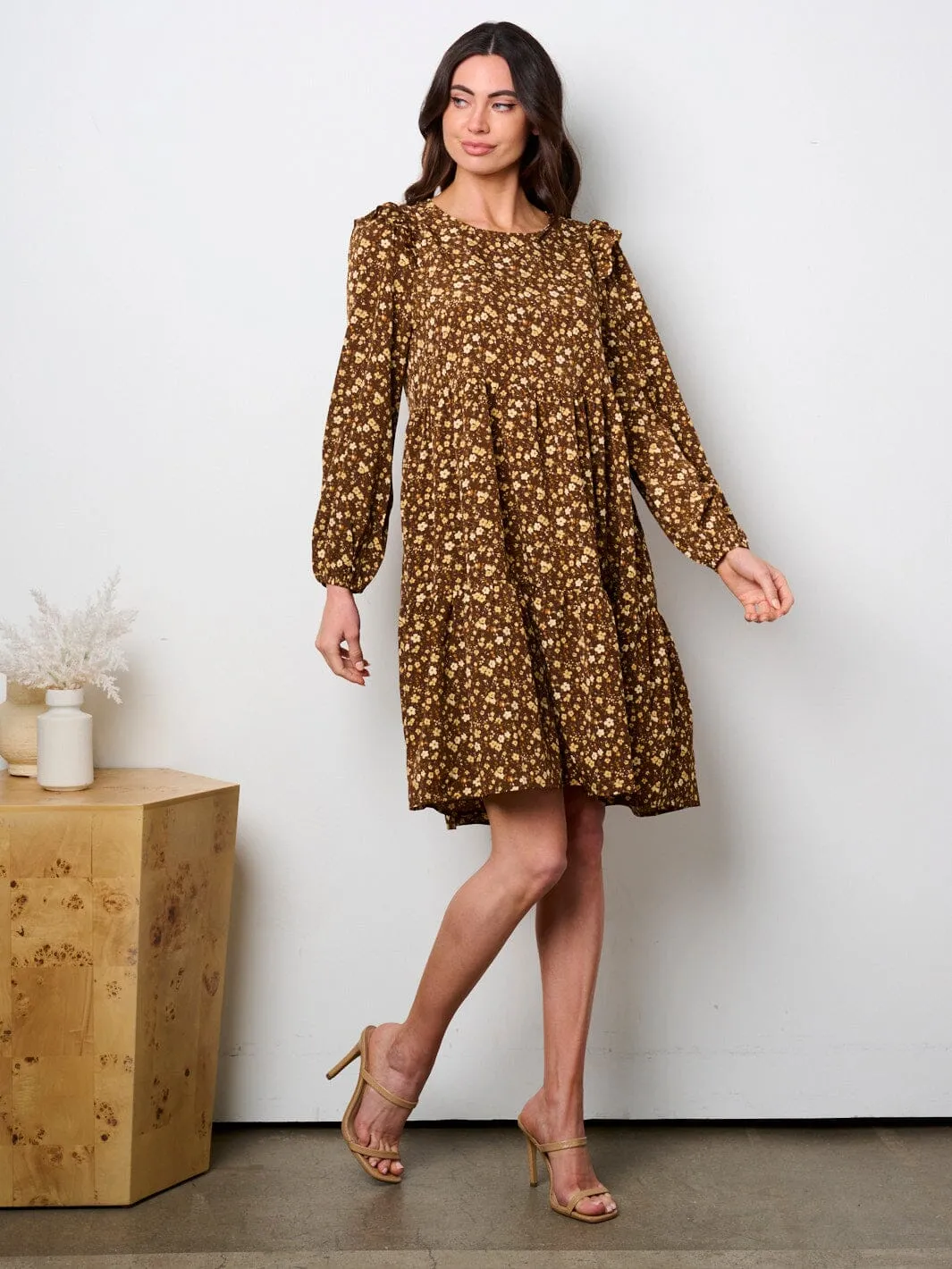 WOMEN'S LONG SLEEVE RUFFLE FLORAL MINI DRESS