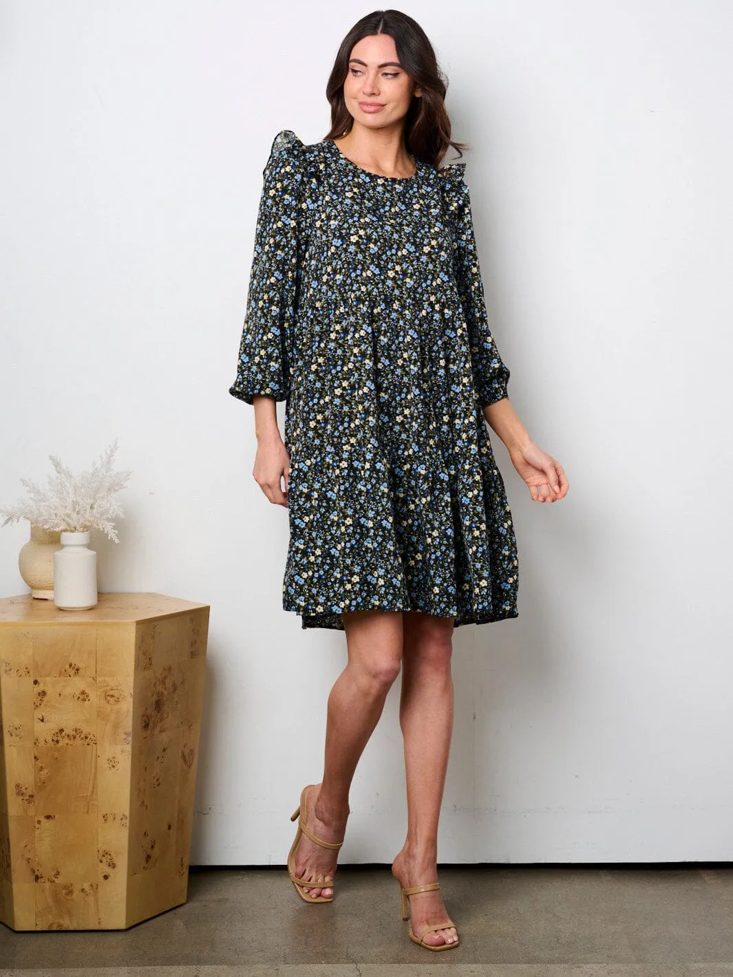 WOMEN'S LONG SLEEVE RUFFLE FLORAL MINI DRESS