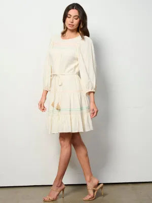 WOMEN'S LONG SLEEVE SELF TIE EMBROIDERY DETAILED TUNIC MINI DRESS
