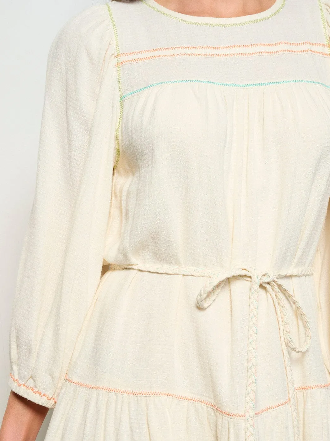 WOMEN'S LONG SLEEVE SELF TIE EMBROIDERY DETAILED TUNIC MINI DRESS