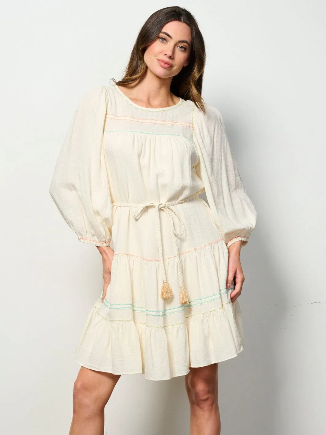 WOMEN'S LONG SLEEVE SELF TIE EMBROIDERY DETAILED TUNIC MINI DRESS