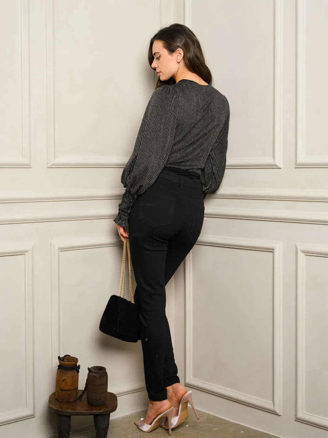 WOMEN'S LONG SLEEVE SHIMMER WRAP BODYSUIT