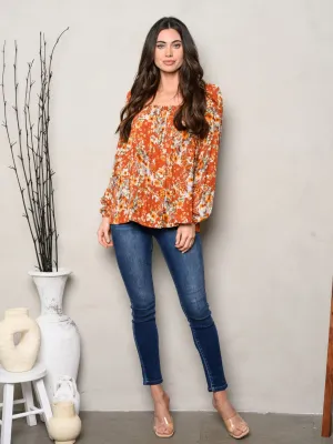 WOMEN'S LONG SLEEVE SQUARE NECK FLORAL BLOUSE TOP
