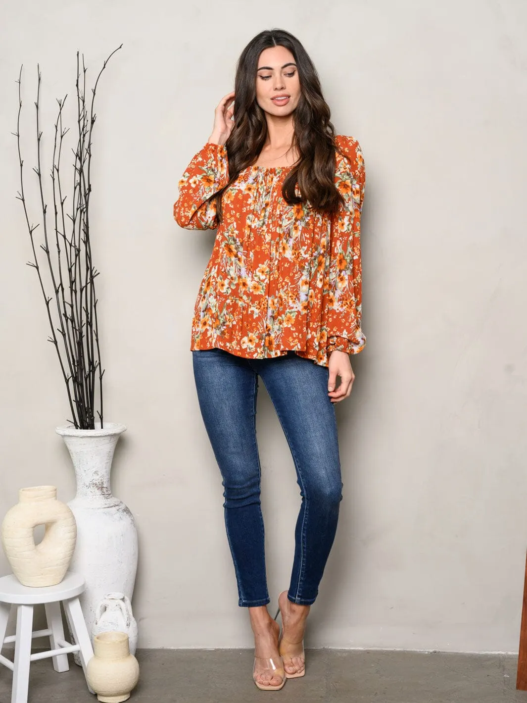 WOMEN'S LONG SLEEVE SQUARE NECK FLORAL BLOUSE TOP