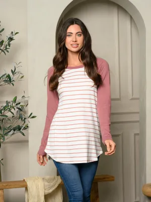 WOMEN'S LONG SLEEVE STRIPES COLORBLOCK TUNIC TOP