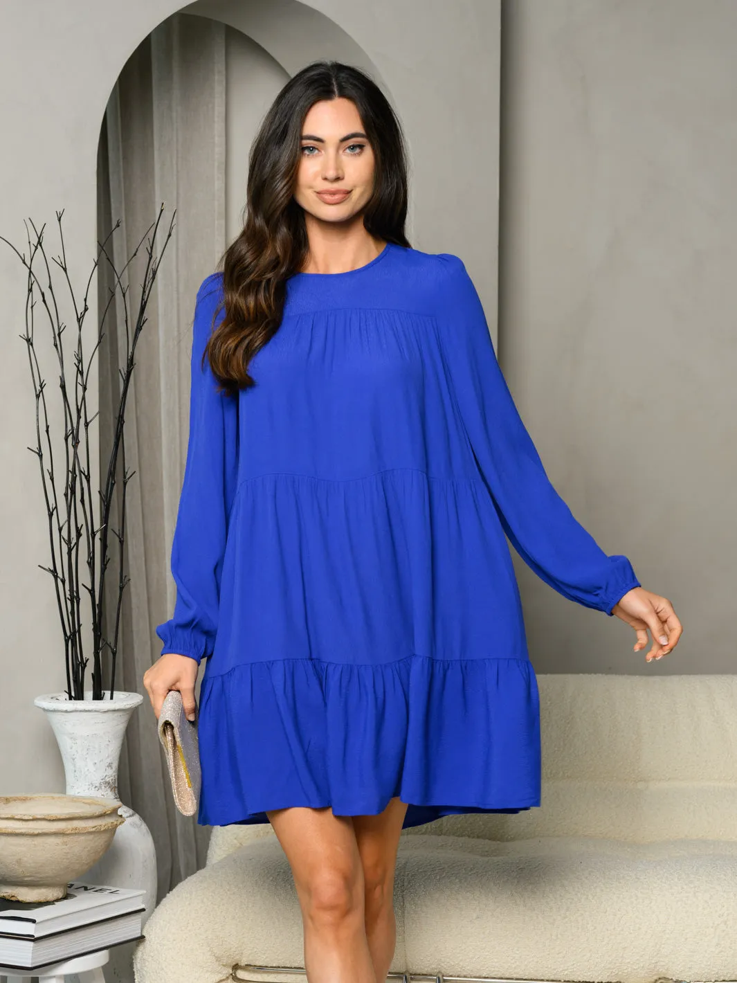 WOMEN'S LONG SLEEVE TIERED TUNIC MINI DRESS
