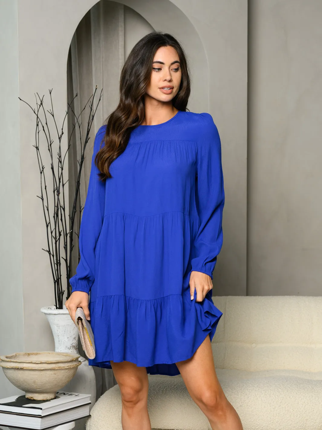 WOMEN'S LONG SLEEVE TIERED TUNIC MINI DRESS