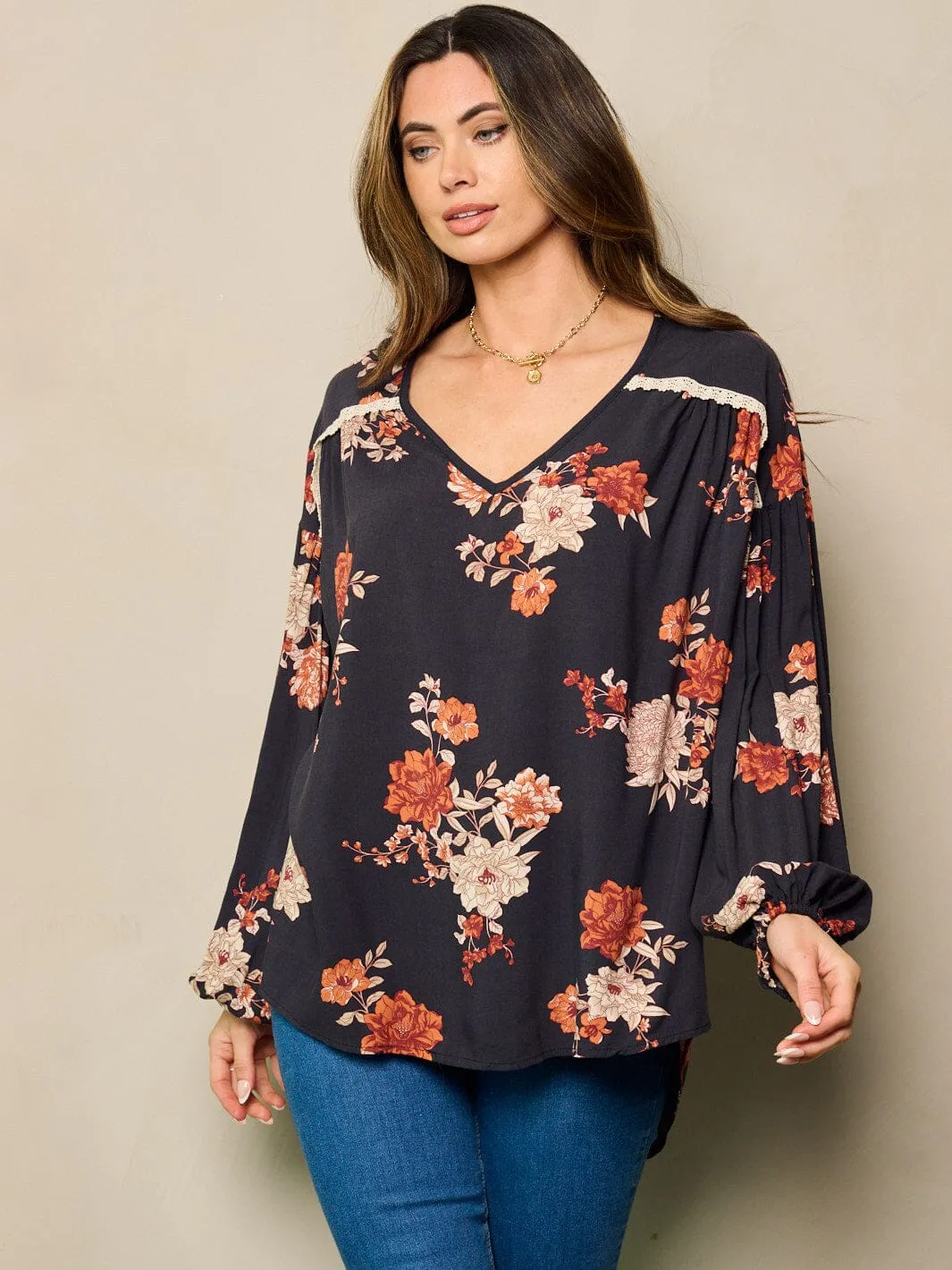 WOMEN'S LONG SLEEVE V-NECK FLORAL HIGH-LOW TUNIC TOP