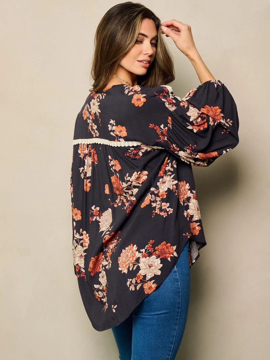 WOMEN'S LONG SLEEVE V-NECK FLORAL HIGH-LOW TUNIC TOP