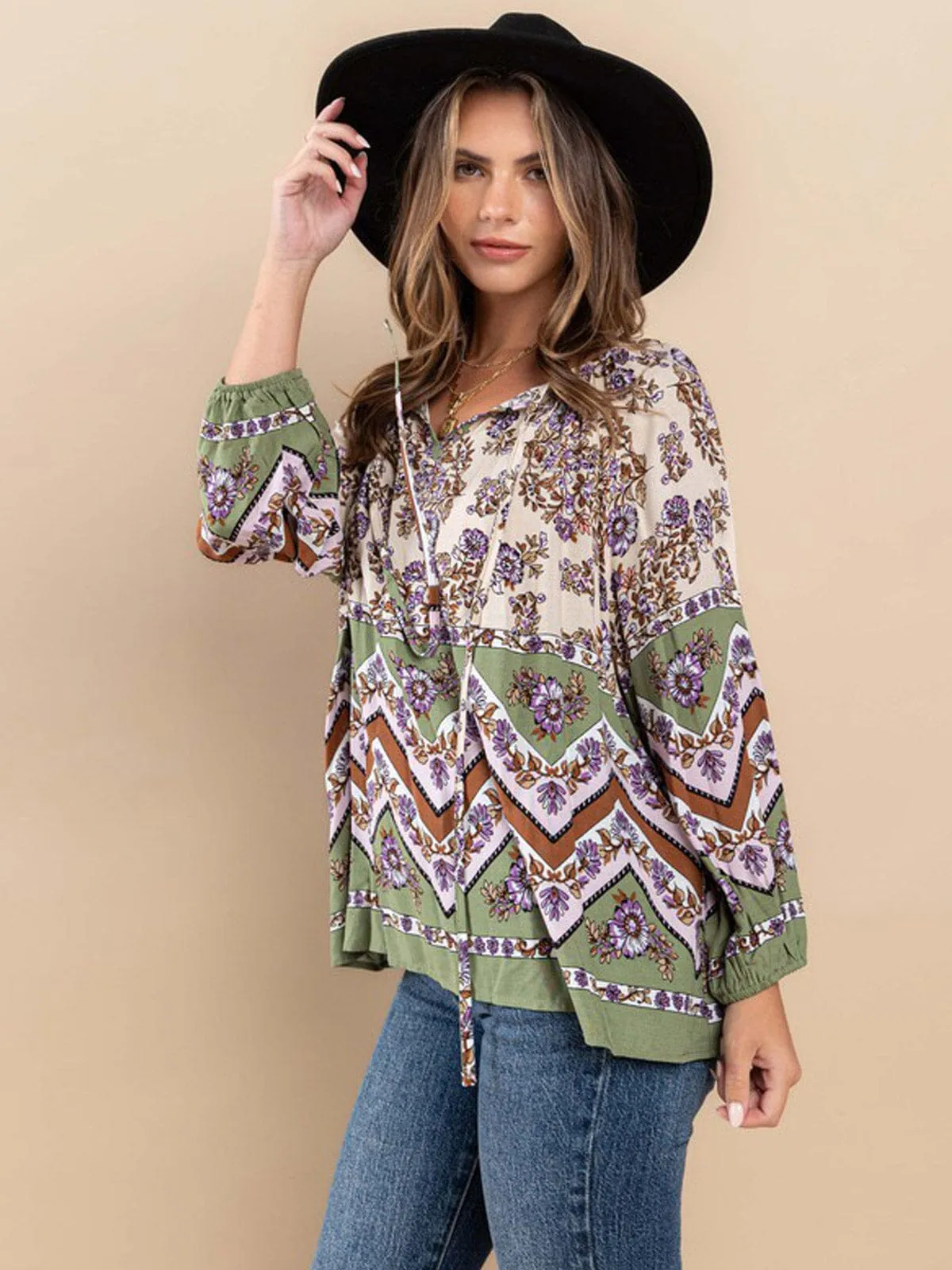WOMEN'S LONG SLEEVE V-NECK MULTI PRINT TUNIC BLOUSE