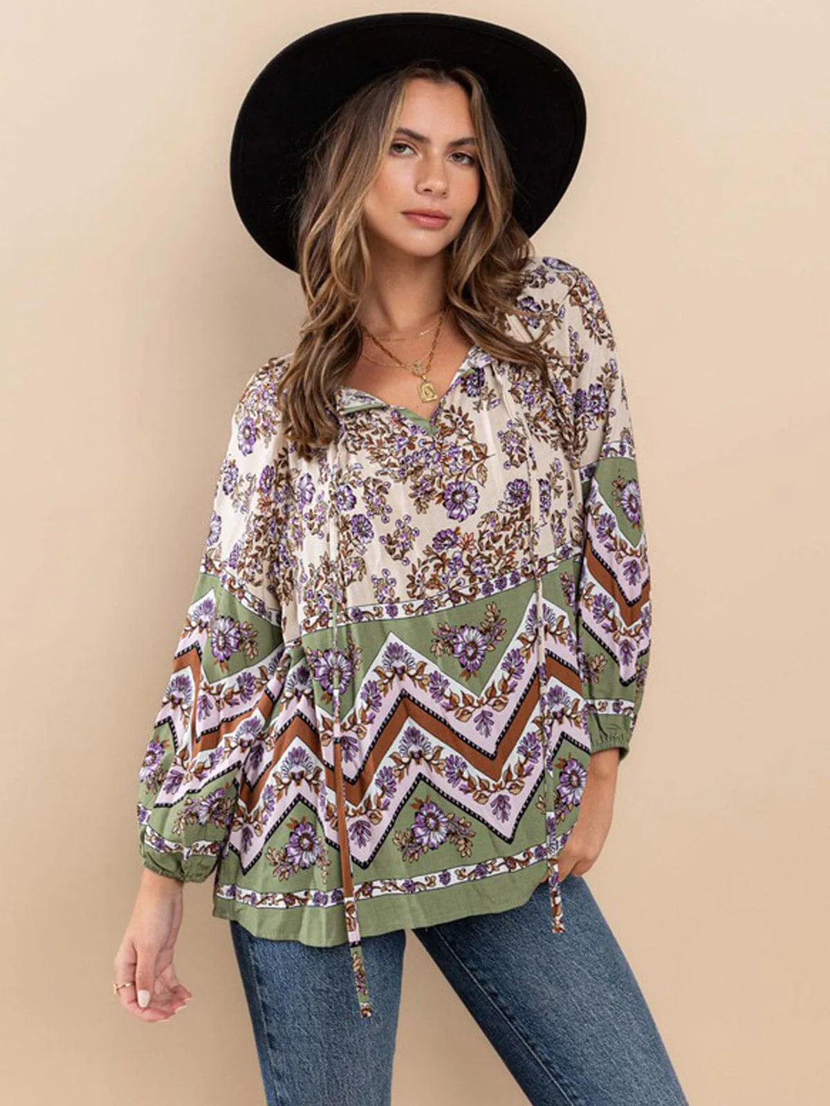 WOMEN'S LONG SLEEVE V-NECK MULTI PRINT TUNIC BLOUSE