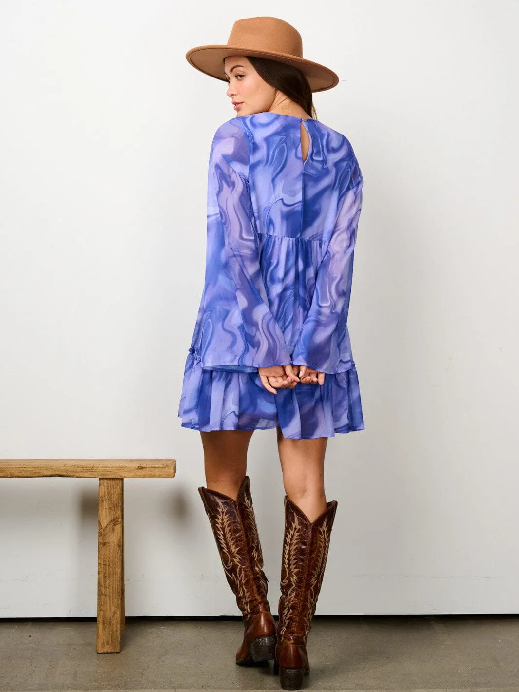 WOMEN'S LONG SLEEVE V-NECK PRINTED TUNIC MINI DRESS