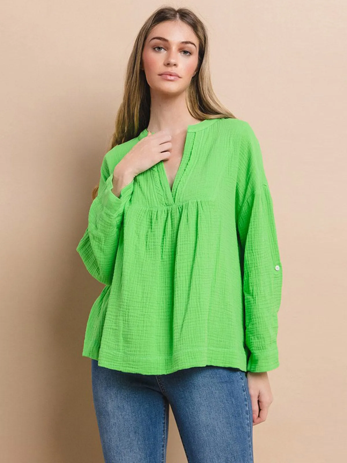 WOMEN'S LONG SLEEVE V-NECK TUNIC BLOUSE TOP
