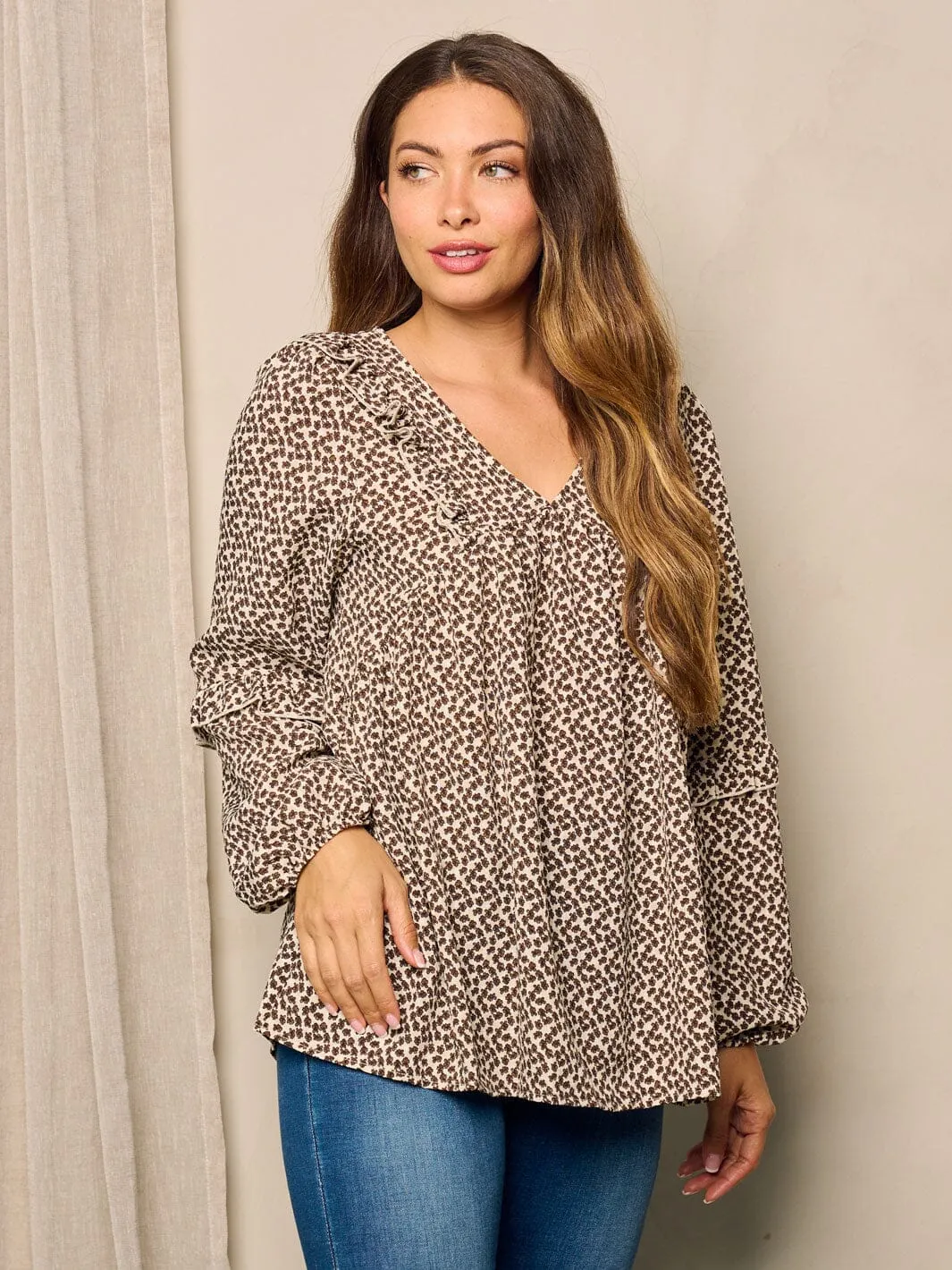 WOMEN'S LONG SLEEVE V-NECK TUNIC FLORAL BLOUSE TOP