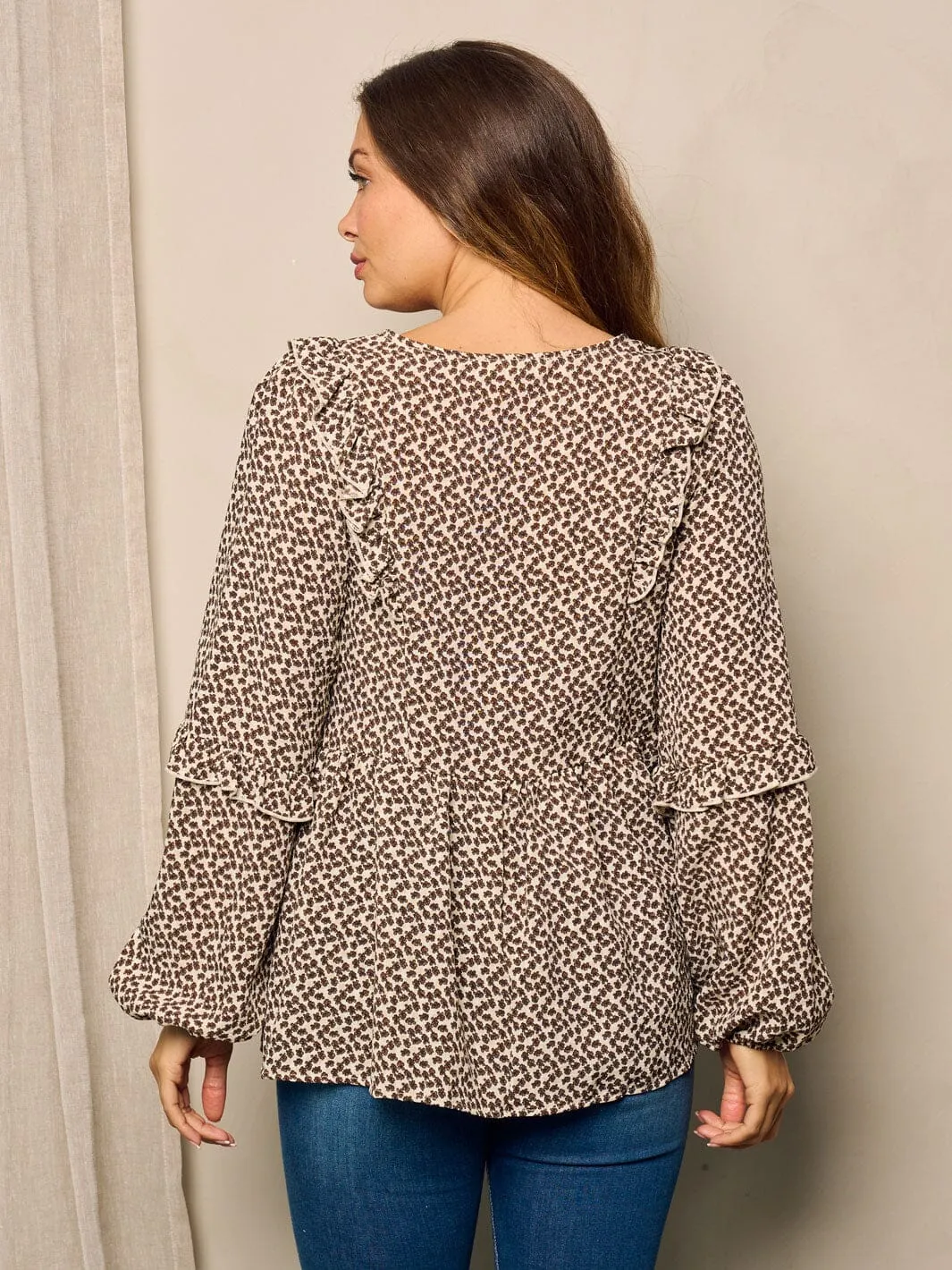 WOMEN'S LONG SLEEVE V-NECK TUNIC FLORAL BLOUSE TOP