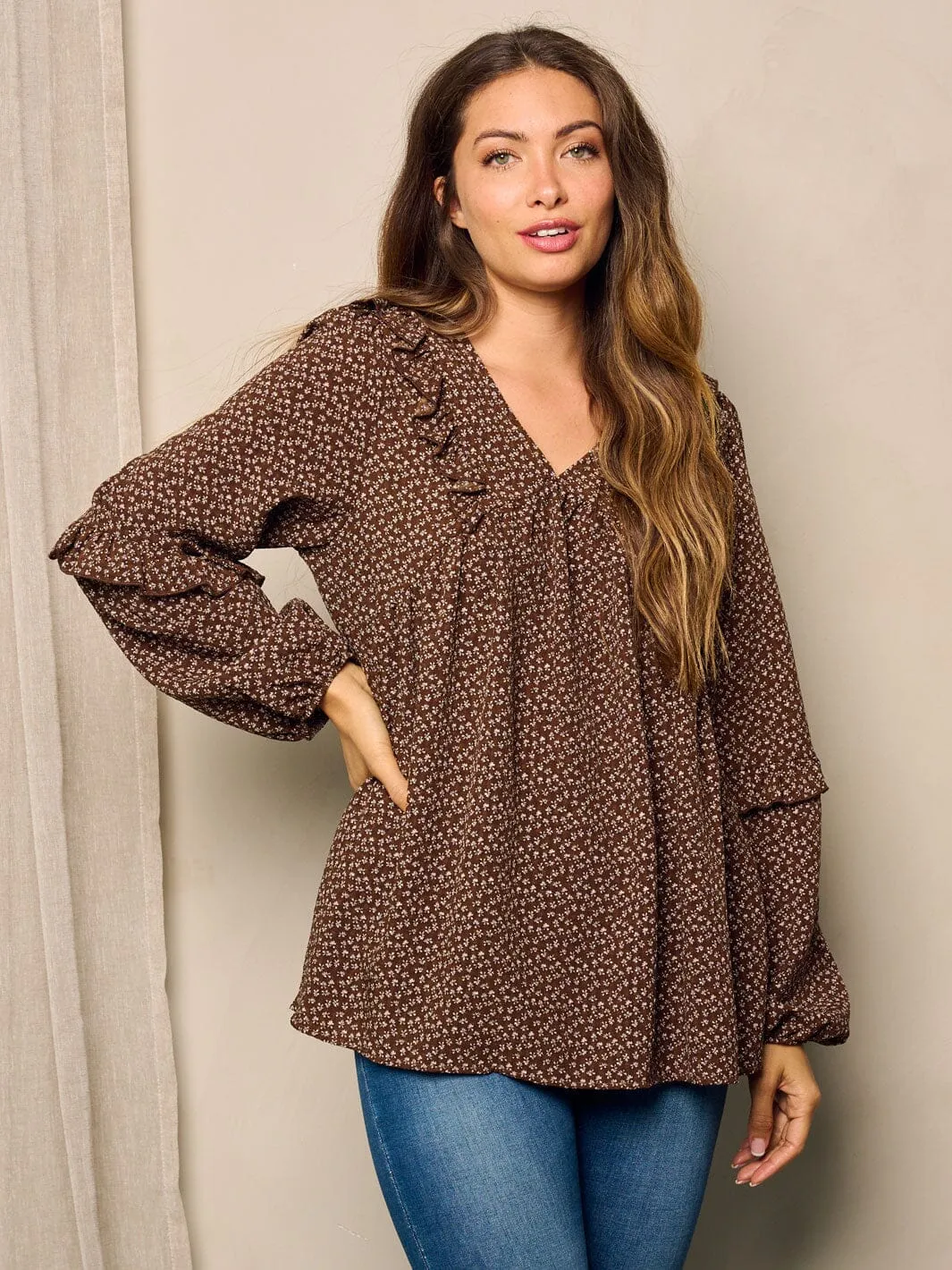 WOMEN'S LONG SLEEVE V-NECK TUNIC FLORAL BLOUSE TOP