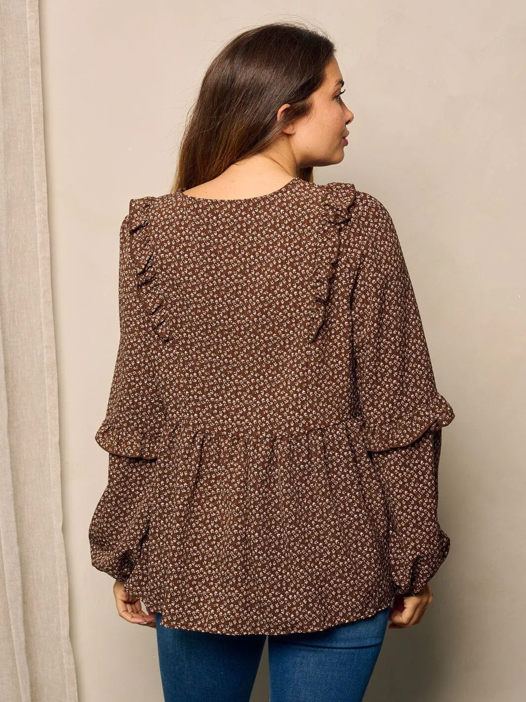 WOMEN'S LONG SLEEVE V-NECK TUNIC FLORAL BLOUSE TOP