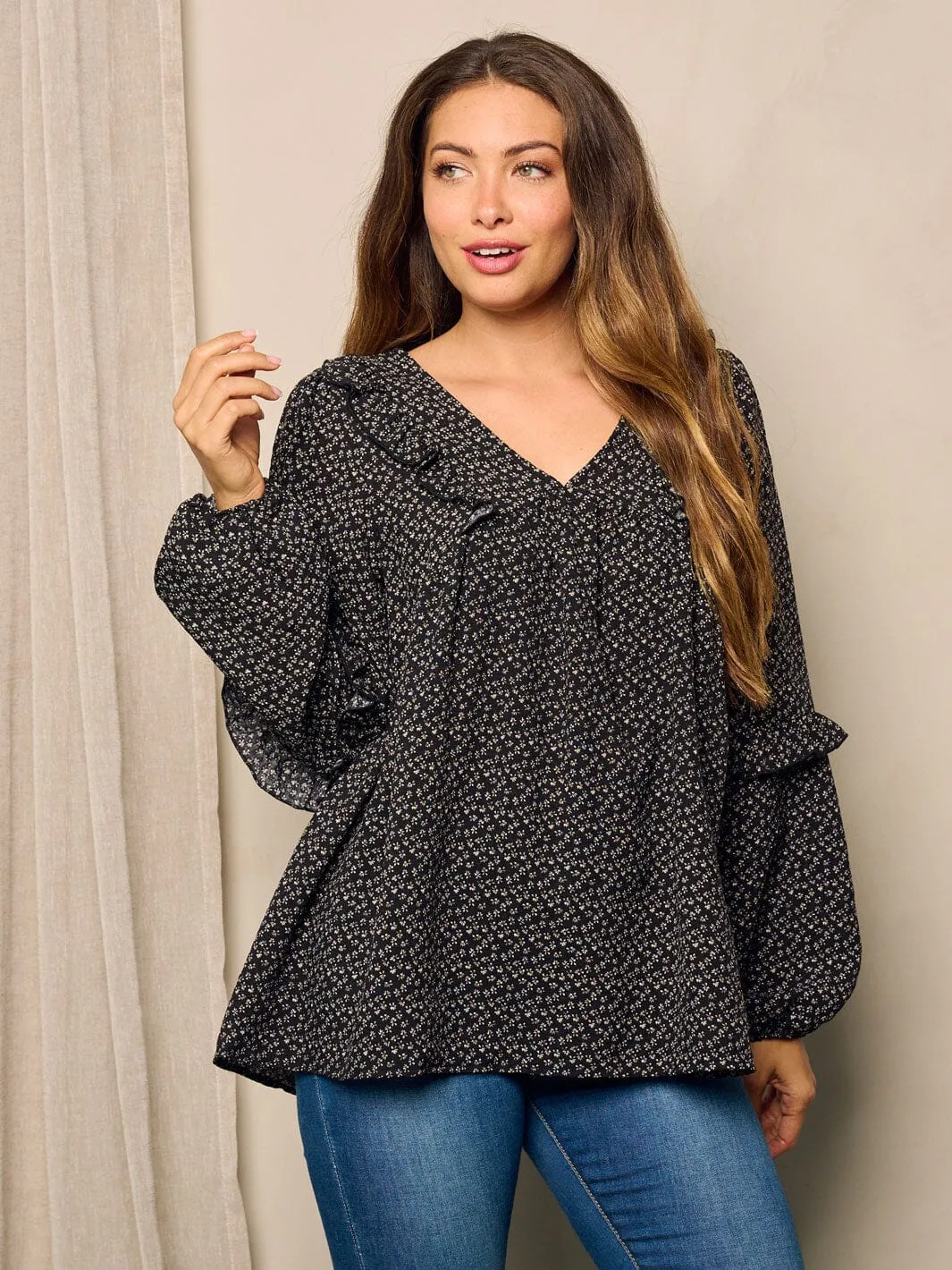 WOMEN'S LONG SLEEVE V-NECK TUNIC FLORAL BLOUSE TOP