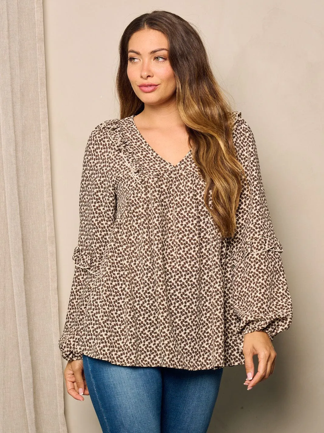 WOMEN'S LONG SLEEVE V-NECK TUNIC FLORAL BLOUSE TOP