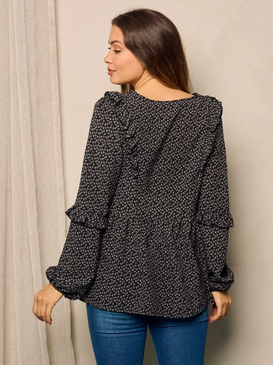 WOMEN'S LONG SLEEVE V-NECK TUNIC FLORAL BLOUSE TOP
