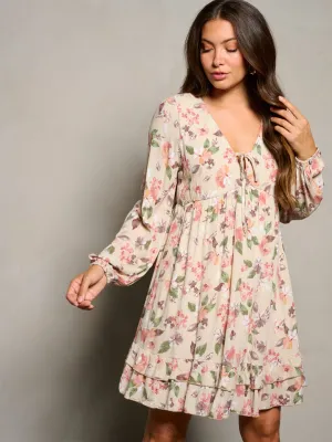WOMEN'S LONG SLEEVE V-NECK TUNIC FLORAL MINI DRESS