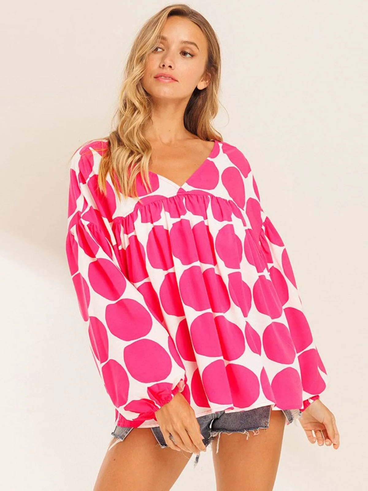 WOMEN'S LONG SLEEVE V-NECK TUNIC PRINTED BLOUSE TOP