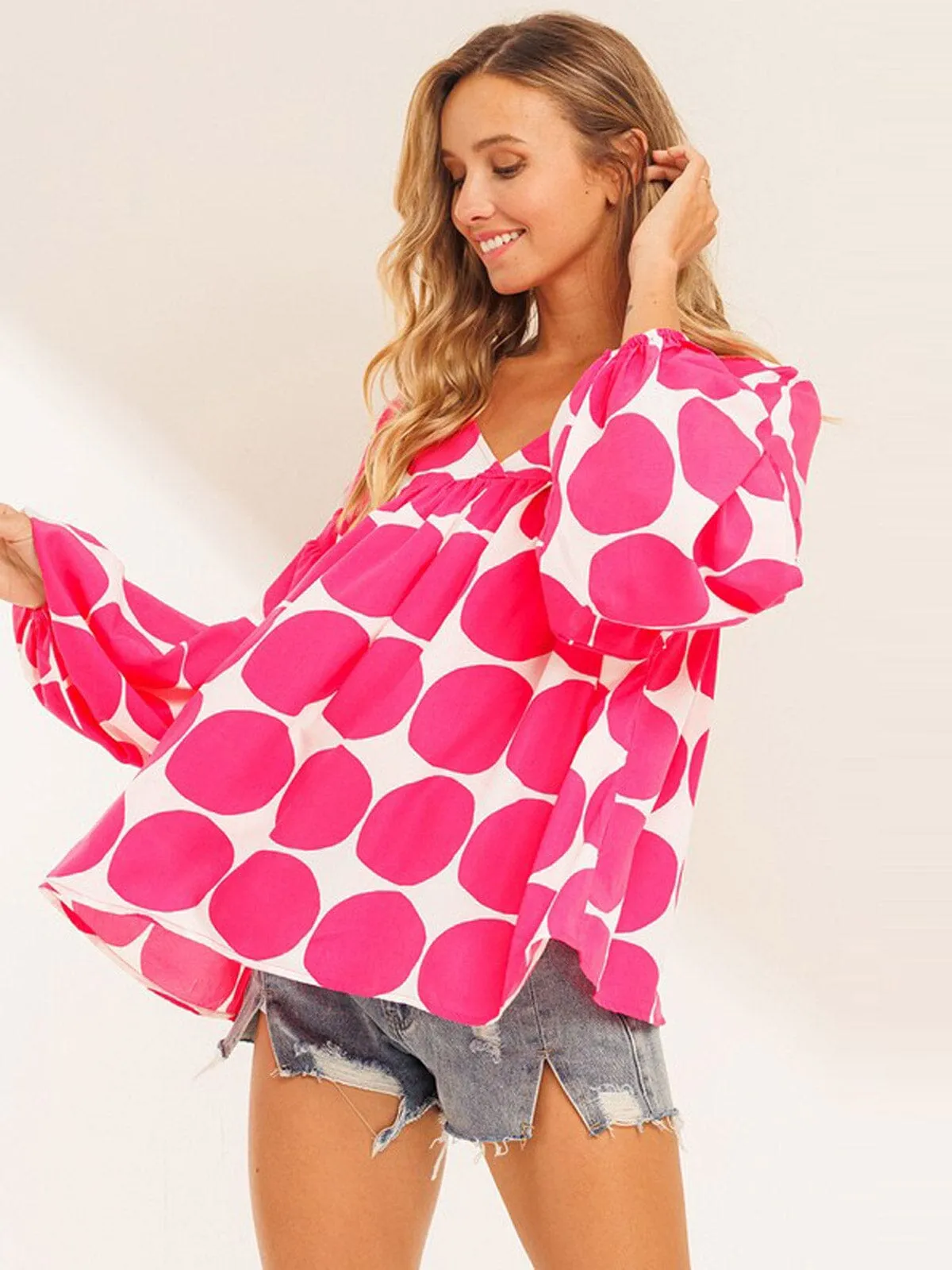 WOMEN'S LONG SLEEVE V-NECK TUNIC PRINTED BLOUSE TOP