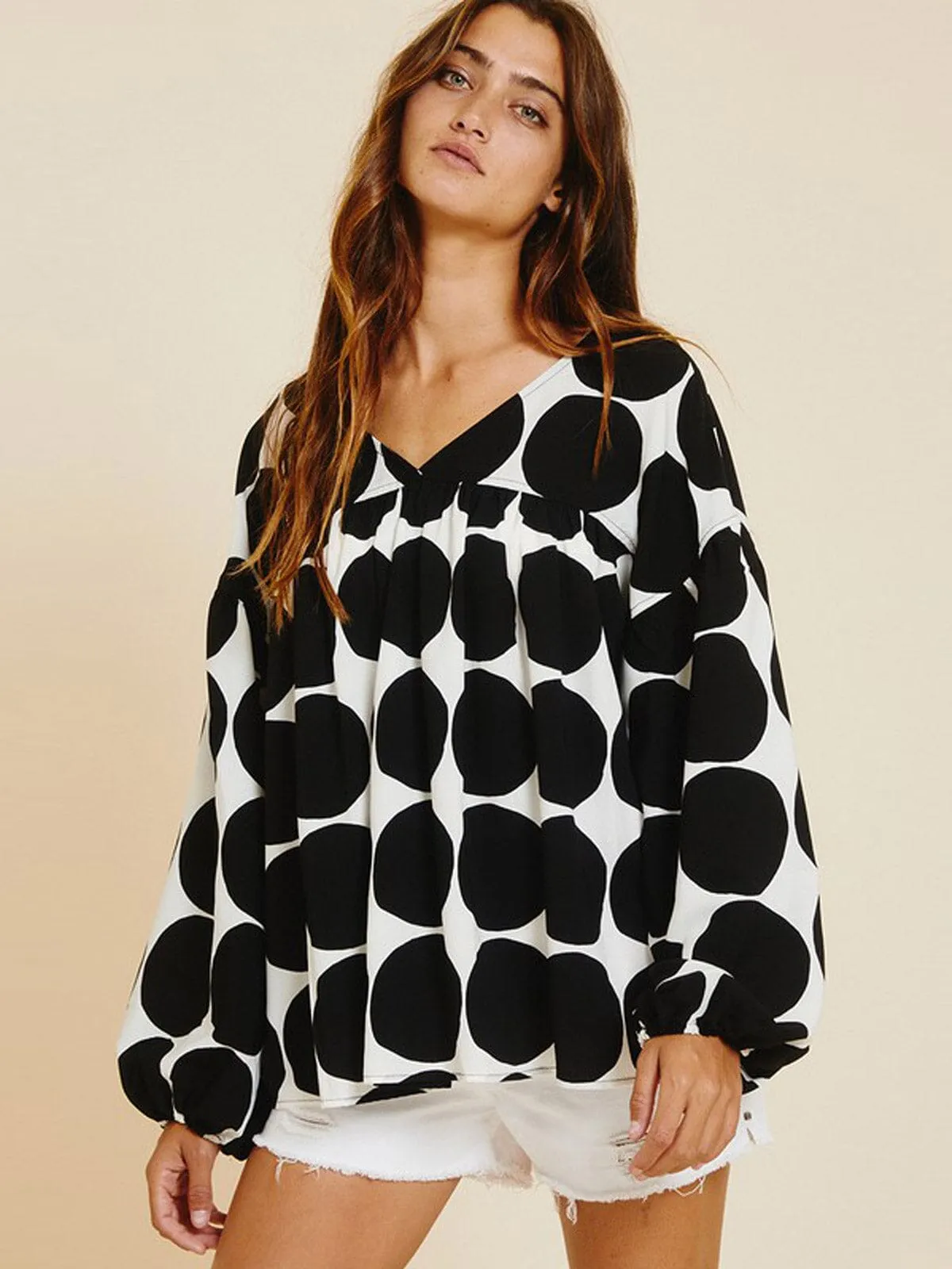 WOMEN'S LONG SLEEVE V-NECK TUNIC PRINTED BLOUSE TOP