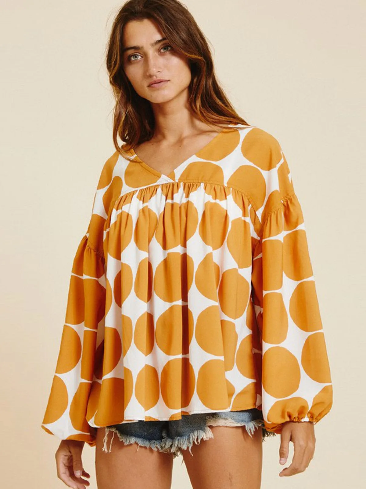 WOMEN'S LONG SLEEVE V-NECK TUNIC PRINTED BLOUSE TOP