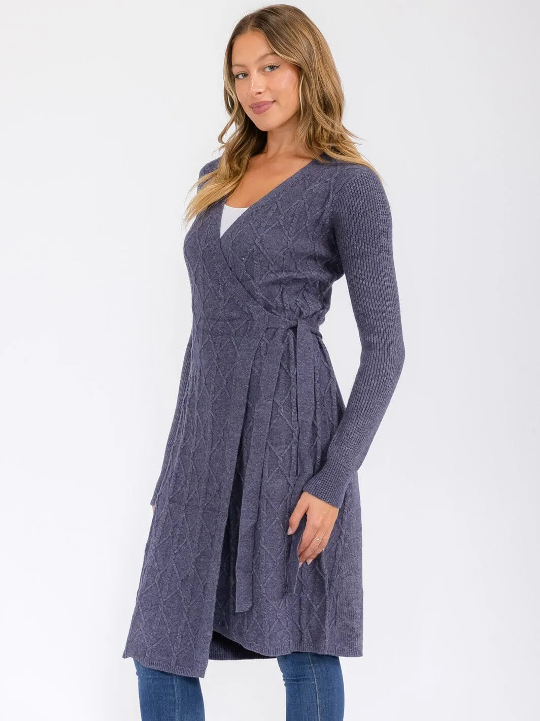 WOMEN'S LONG SLEEVE WRAP MIDI SWEATER DRESS