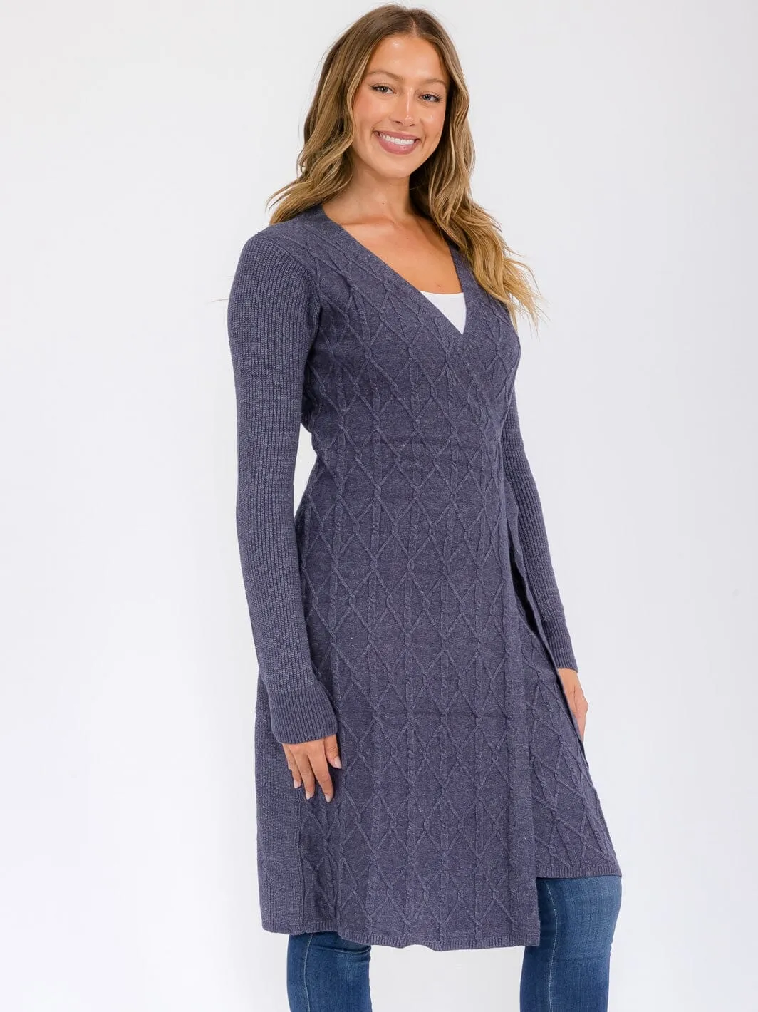 WOMEN'S LONG SLEEVE WRAP MIDI SWEATER DRESS