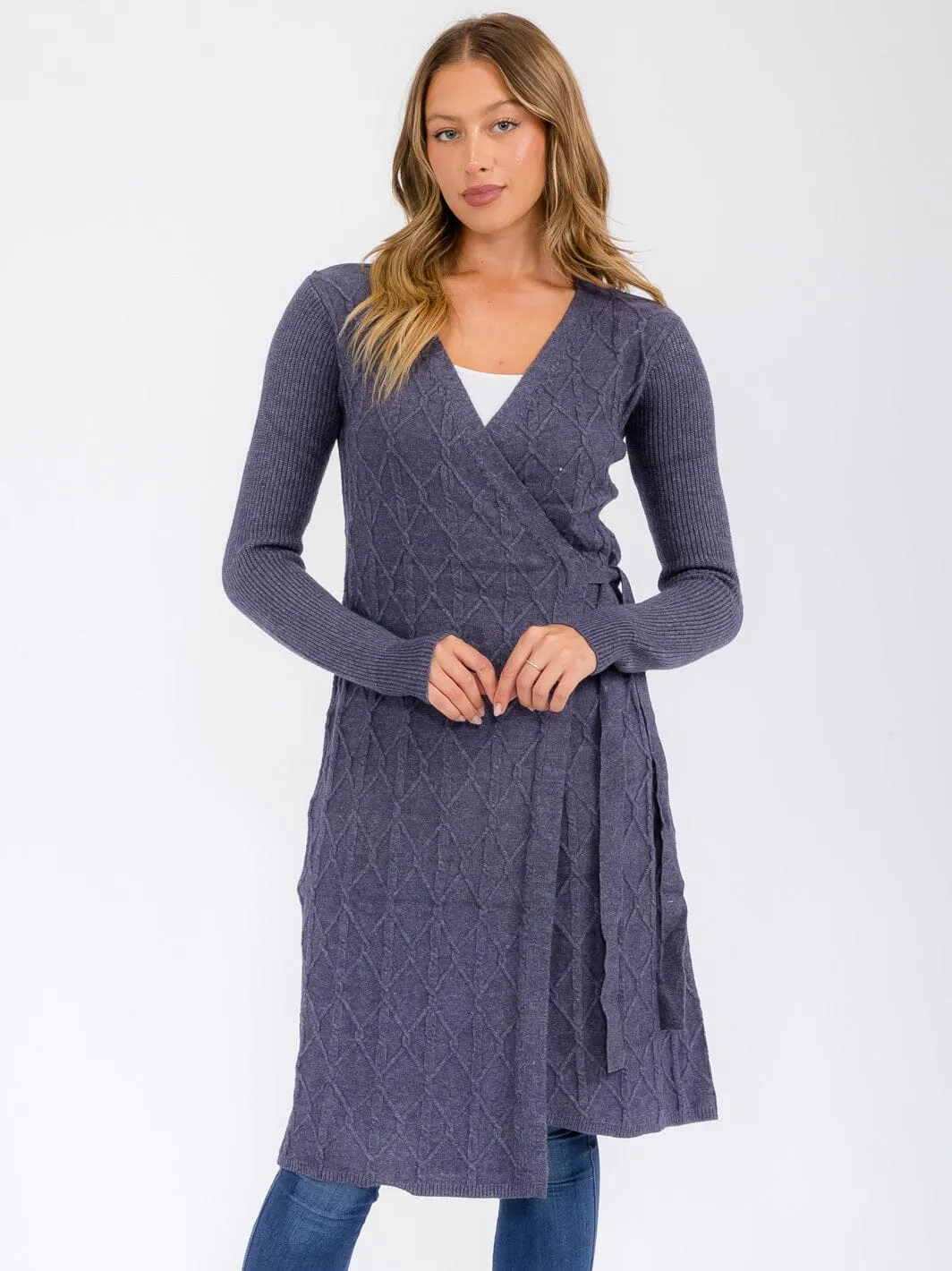 WOMEN'S LONG SLEEVE WRAP MIDI SWEATER DRESS