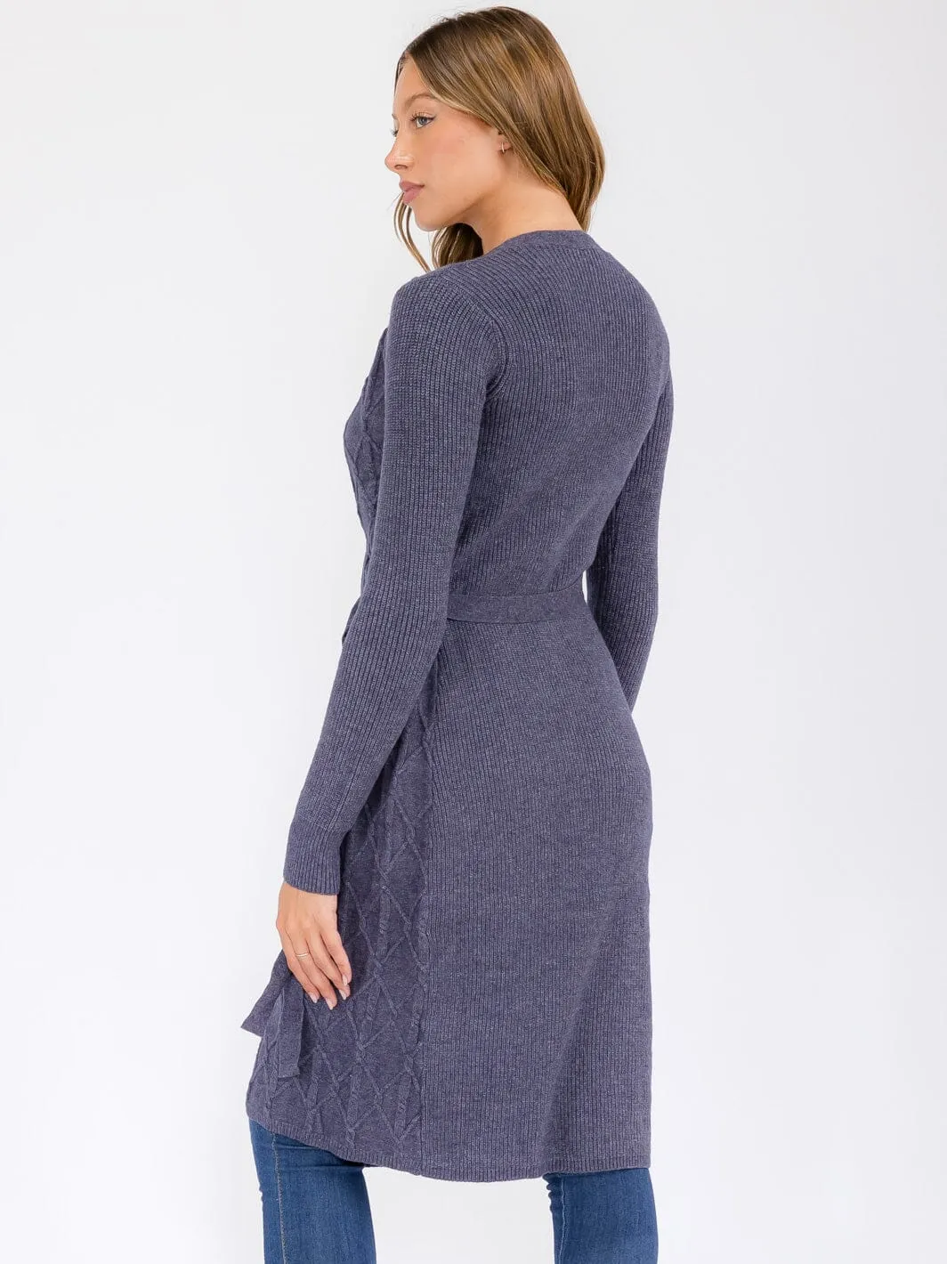WOMEN'S LONG SLEEVE WRAP MIDI SWEATER DRESS