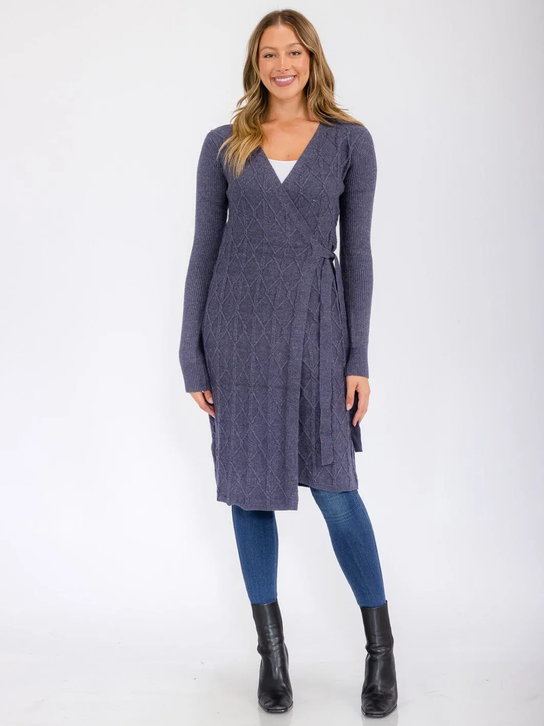 WOMEN'S LONG SLEEVE WRAP MIDI SWEATER DRESS