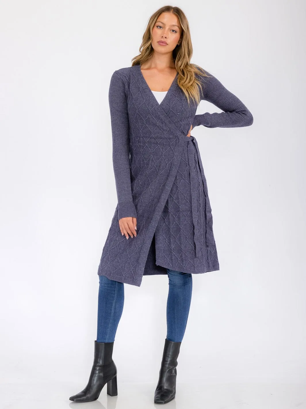 WOMEN'S LONG SLEEVE WRAP MIDI SWEATER DRESS