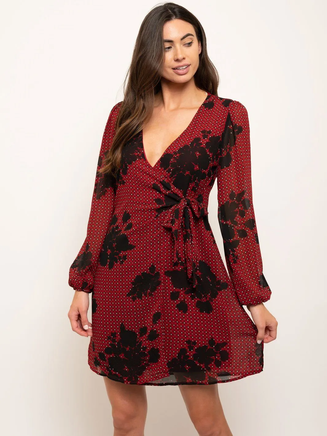 WOMEN'S LONG SLEEVE WRAP MINI DRESS