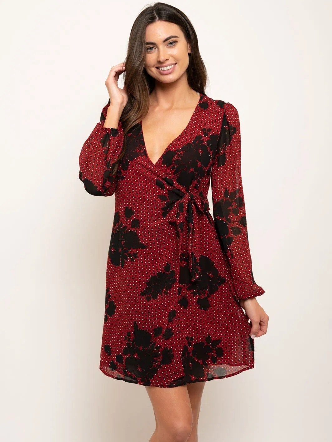 WOMEN'S LONG SLEEVE WRAP MINI DRESS