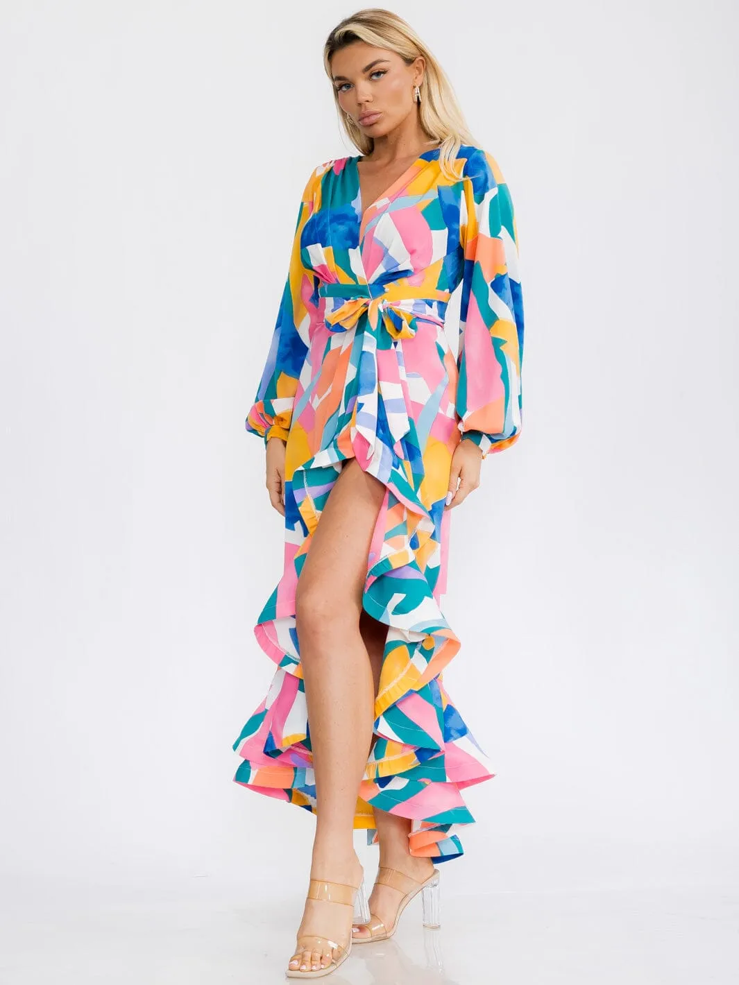 WOMEN'S LONG SLEEVES SELF TIE WRAP FRONT SLIT RUFFLE PRINTED MAXI DRESS