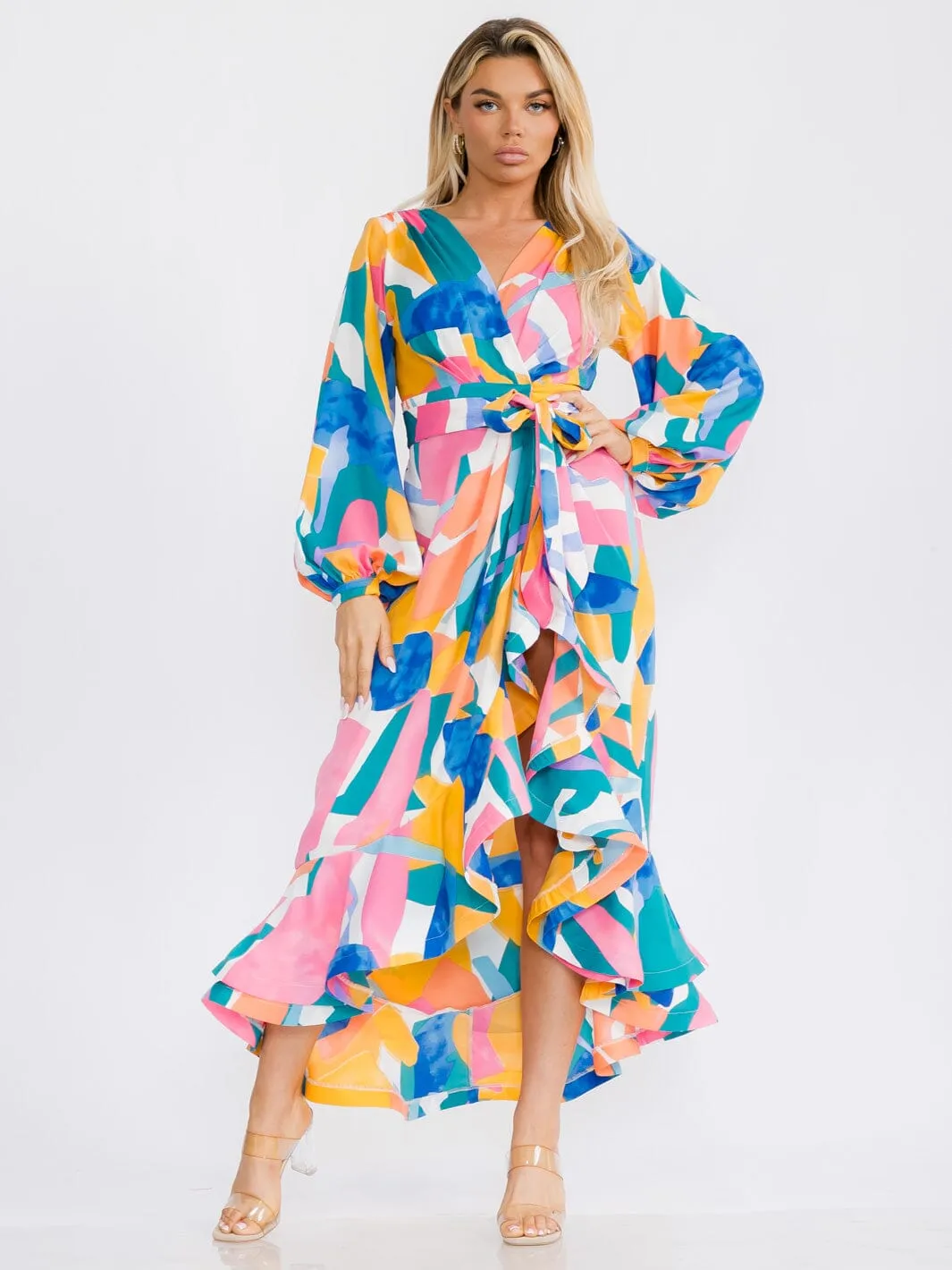 WOMEN'S LONG SLEEVES SELF TIE WRAP FRONT SLIT RUFFLE PRINTED MAXI DRESS