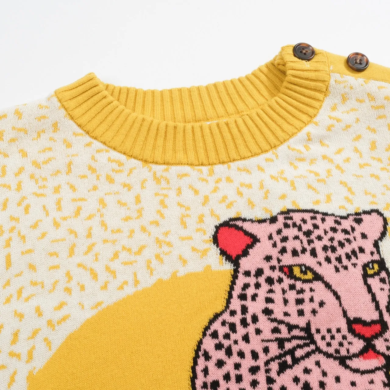 Women’s MOD Pink Leopard Knit Sweater – 1960s Style Fierce Cat Jumper