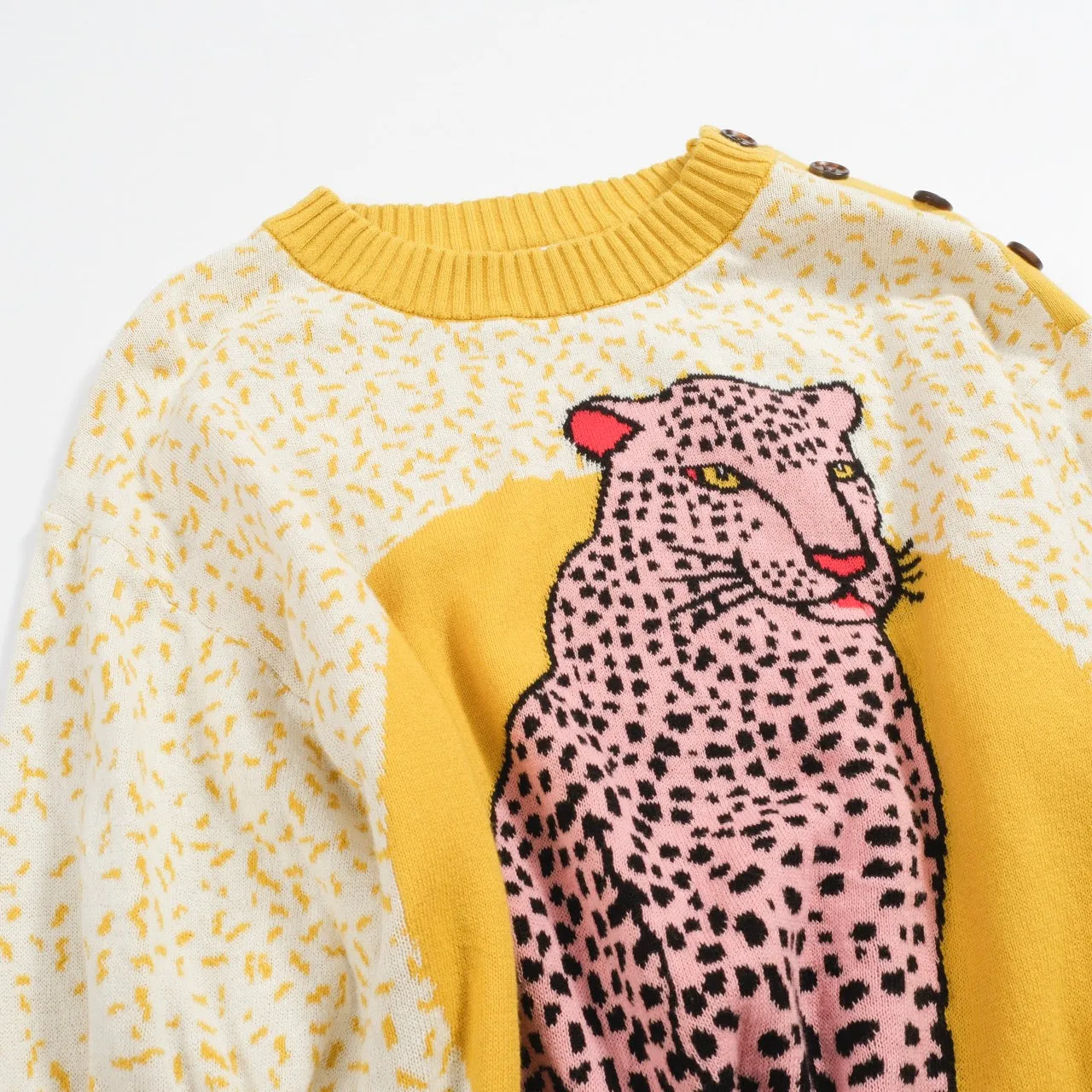 Women’s MOD Pink Leopard Knit Sweater – 1960s Style Fierce Cat Jumper